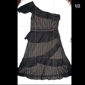 Cute black dress! Off the shoulder.  See through illusion. Large 10